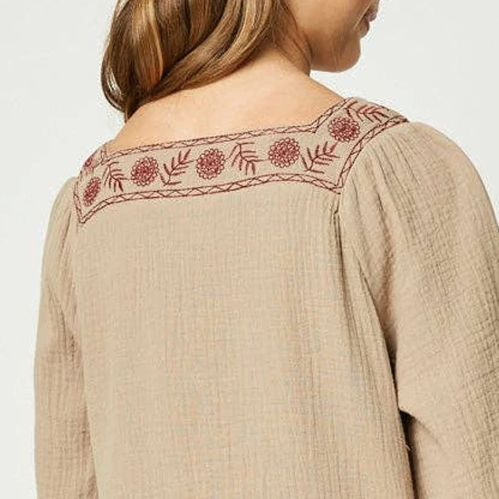 HAYDEN Taffy Khaki Woven Midi Dress Featuring Red Embroidery Large